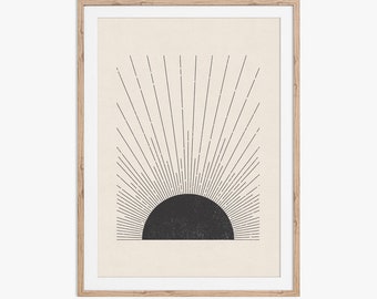 Sonne Illustration. Mid Century Modern, Blockprint Stil druckbare Kunst in neutralen Farben. Sofort herunterladen und von zu Hause ausdrucken.