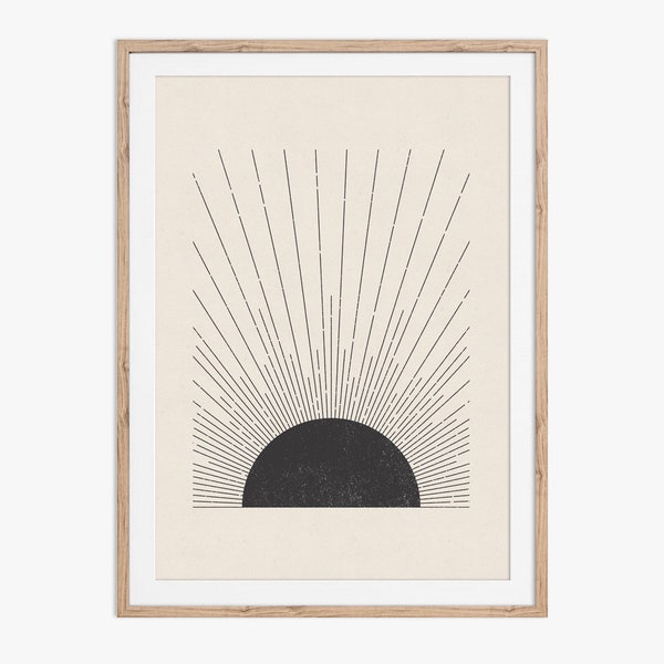 Illustration du soleil. Art imprimable moderne du milieu du siècle, de style impression au bloc, dans des couleurs neutres. Téléchargez instantanément et imprimez depuis chez vous.