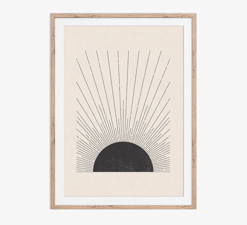 Sonne Illustration. Mid Century Modern, Blockprint Stil druckbare Kunst in neutralen Farben. Sofort herunterladen und von zu Hause ausdrucken. Bild 1