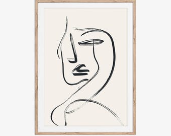 O Rosto. Um Desenho de Linha Figurativo Abstrato, Expressivo e Brincalhão usando Pinceladas Mínimas de Tinta – Arte de Parede Contemporânea Imprimível.