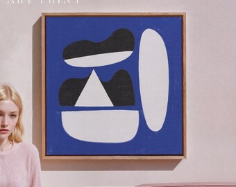 Impressão em tela emoldurada de arte abstrata moderna. Formas orgânicas e geométricas minimalistas. Arte de parede ousada em azul, preto e branco, inspirada em meados do século.