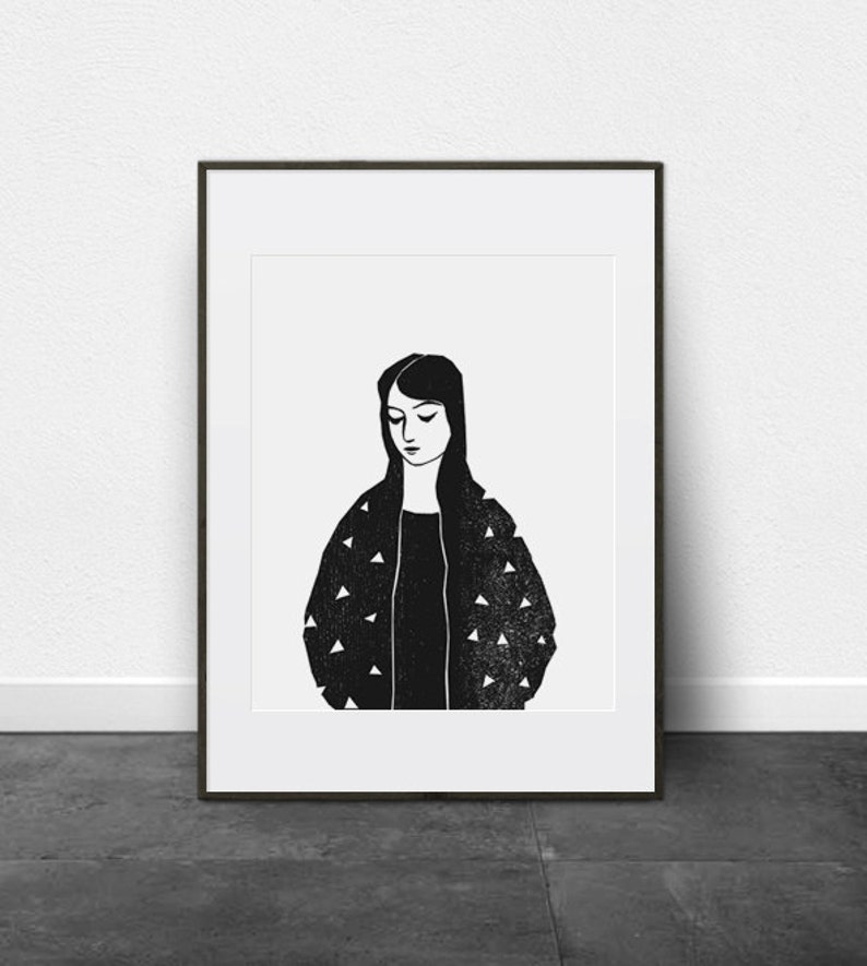 Girl Illustration Linocut Print Digital Print Printable | Etsy