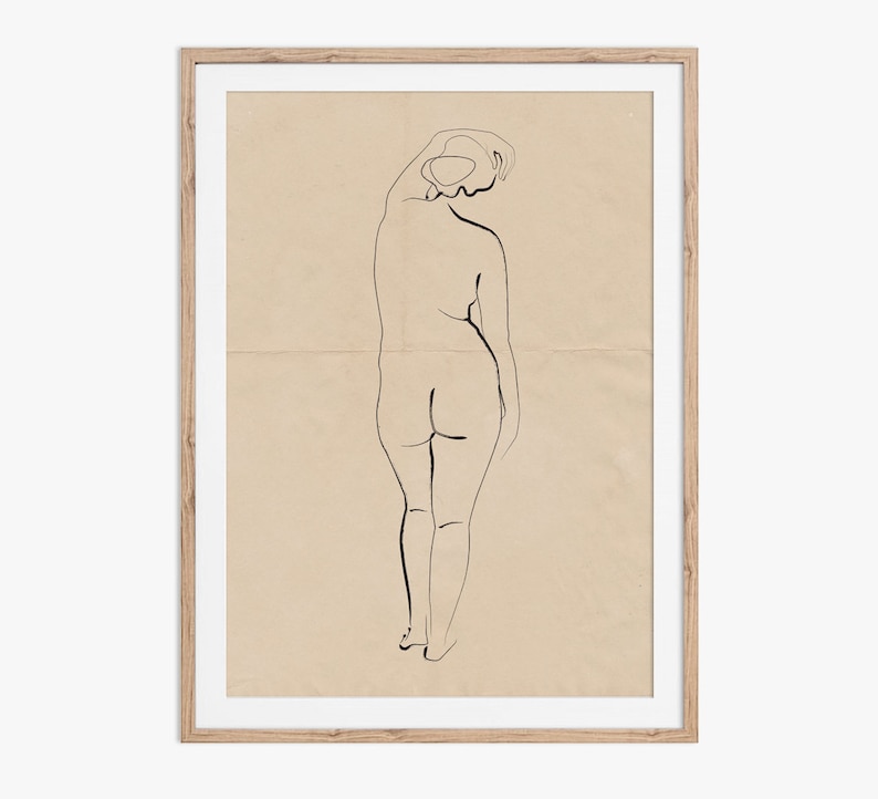 Ink on creased vintage paper design Minimalist nude sketch Download the files and print from home.