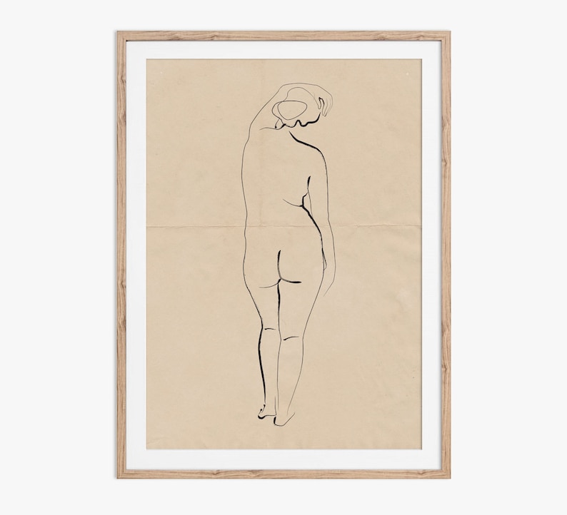 Minimalist nude sketch, Ink on creased vintage paper design. Download the files and print from home. image 1