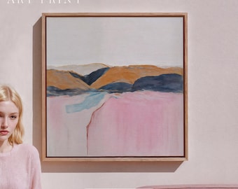 Paisagens de Doces Sonhos nº 1. Impressão artística em tela com paisagem abstrata moderna em tons de rosa suave e ocre.