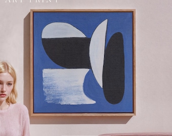 Impressão em tela emoldurada de arte abstrata moderna. Formas orgânicas e geométricas minimalistas. Arte de parede ousada em azul, preto e branco, inspirada em meados do século.