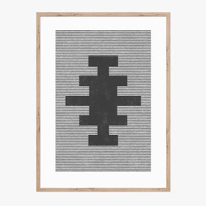 May include: A black and white abstract geometric design with a cross shape in the center. The design is made up of thin horizontal lines.