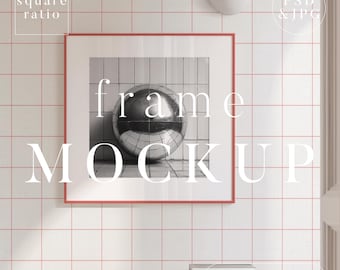 Modelo de moldura quadrada: uma moldura vermelha fina, divertida e moderna com tapete, duas opções de papel de parede em grade e uma camada inteligente do Photoshop fácil de usar.