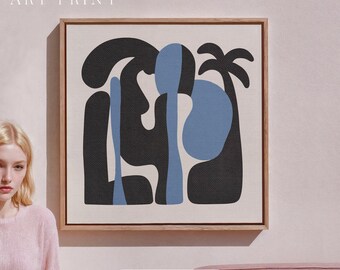 Mulher com palmeira abstrata. Arte de parede tropical minimalista. Impressão em tela emoldurada moderna de meados do século. Formas orgânicas minimalistas.