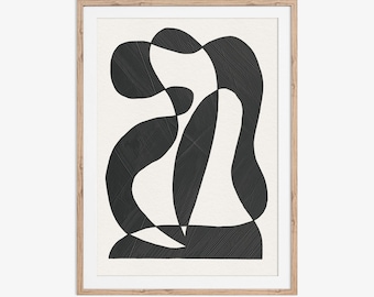 Formas Abstratas. Uma pintura lúdica de formas orgânicas e cores mínimas, tinta preta em papel off-white - Download instantâneo - Imprima em casa.