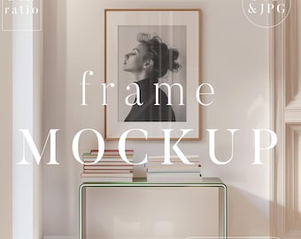 Arquivo PSD de mockup de moldura de proporção DIN. Moldura fina contemporânea com tapete, em um ambiente interno minimalista e com Photoshop Smart Layer