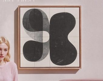 Arte de parede em tela abstrata moderna, preta e creme, com formas orgânicas e minimalistas, por Nena Rose