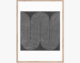 Curvy lines woodblock print in black and white. Download instantly and print from home.
