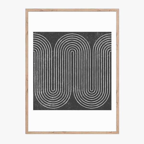 Curvy lines woodblock print in black and white. Download instantly and print from home.