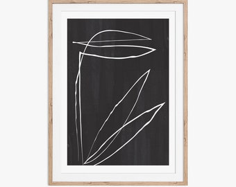 Abstract Botanic Line Drawing.  A minimal sketch of a plant with a black textured background. Download instantly and print from home.