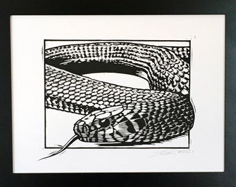 Eastern Indigo Snake Original Black and White Linocut Art Print