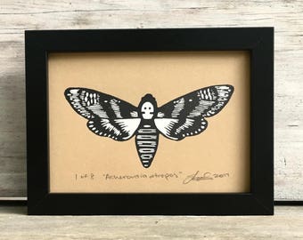 Death's Head Hawk Moth Linocut Print - Monochrome