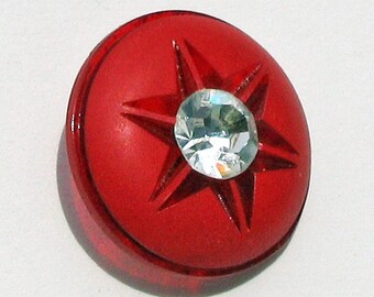 Red Coated and Cut Button! Star with Large Paste Center! Rhinestone! Vintage Button!