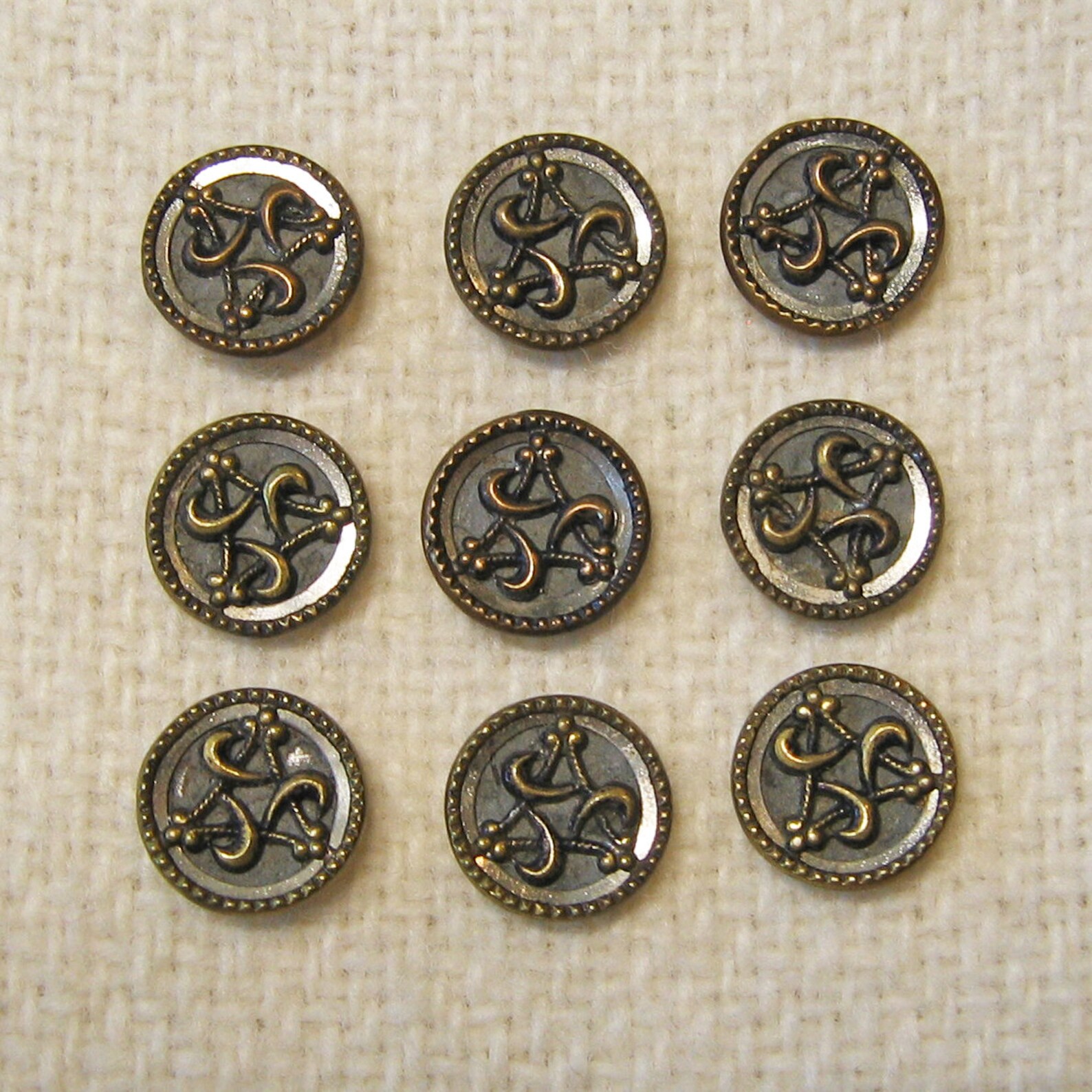 Set of 9 Small Brass Victorian Buttons Triad Design Shiny Etsy