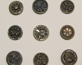Small Metal Victorian Picture Buttons - Flowers - Leaves - Steel - Tints - Antique Buttons!!