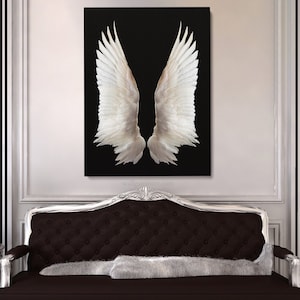 White Angel Wings Canvas Wall Art | Living Room Home Decor | Black Background Painting | Fluffy Angelic Feathers | Animal Nature Print