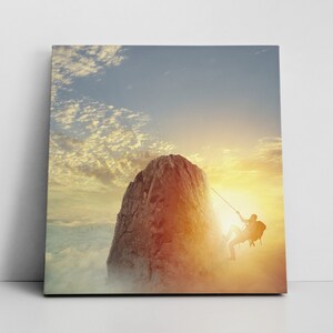 Mountain Climb Sunset Sunrise | Success Achievement Business Goal Career Concept | Money Magnet Mindset Law Of Attraction | Canvas Wall Art
