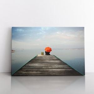Red Umbrella Art | Wooden Pier Print | Nature Large Texture Abstract Art | Contemporary Art | Colorful Modern Home Decor | Home Design Ideas