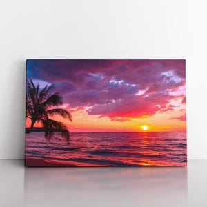 Palm Trees Art | Palms Ocean Sunset | Pink Sky Clouds Nature | Large Abstract Art | Contemporary Modern Decor | Painting | Colorful Wall Art
