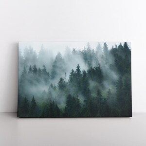 Misty Landscape Forest Green Earth Foggy Rainy Weather Pine Trees Nature View Vintage Retro Style Gift Livingroom Print | Canvas Wall Art
