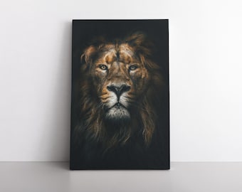 May include: A close-up portrait of a lion with a dark brown mane and a golden face. The lion's eyes are focused on the viewer, and its mouth is slightly open, revealing its teeth.