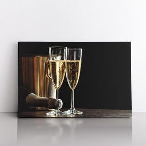 Champagne Glasses Splash Canvas Wall Art | Abstract Modern Home Decor | Beverage Print Alcohol Christmas New Year Celebration Drink