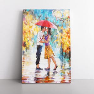 Red Umbrella Dating Couple Love Kissing Print | Painting Canvas Wall Art | Modern Home Living Room Decor | Love Story Boyfriend Girlfriend