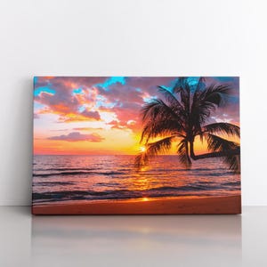 Palm Trees Art | Palms Ocean Sunset | Pink Sky Clouds Nature | Large Abstract Art | Contemporary Modern Decor | Painting | Colorful Wall Art