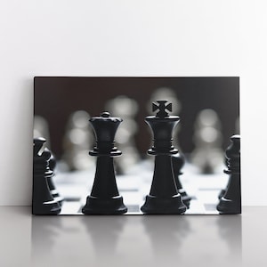 Black White Chess Pieces Chessboard Game Competition | King Queen Victory Checkmate Win | Background Pattern Texture Print | Canvas Wall Art