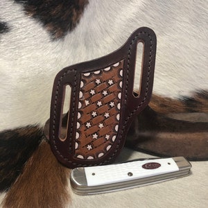 Leather Knife Sheath, Tooled Star Center Basket Weave, Dark Brown