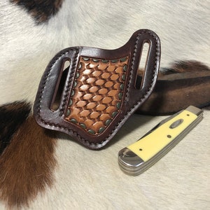 Leather Knife Sheath, Dark Brown, Hourglass Style basket Weave, Fits 2&quot; Belt