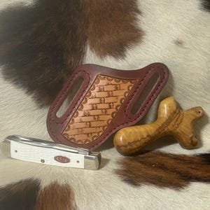Leather Pancake Knife Sheath, Cross Center Basket Weave, English Tan
