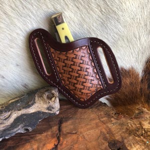 Leather Knife Sheath, Tooled Double Rope Basket Weave, Left Side Carry