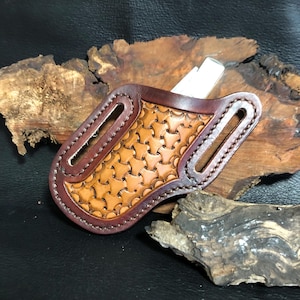 Leather Knife Sheath, Tri-Weave Basket Weave, Fits 2&quot; Belt, Light Brown