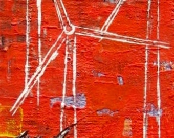 GEDRAGEN DOOR DE WIND/kraai/windturbines/huizen/Gaspésie/vogel/dier schilderij/acryl schilderij/landschap/Casaubon/zwarte vogel/vlucht/