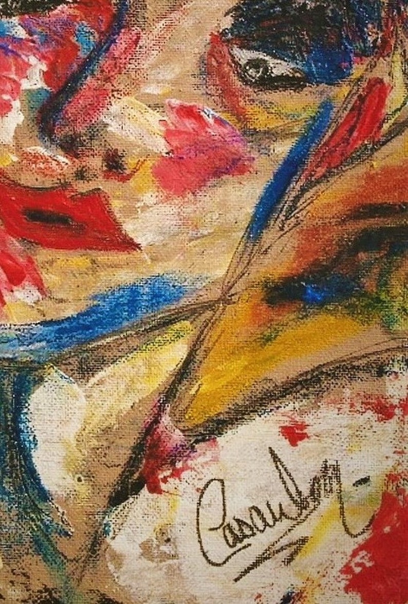 Op de afbeelding: Abstract schilderij in een kleurrijke, textuurrijke stijl. Het schilderij toont een close-up van een gezicht met een blauw oog en rode lippen. De handtekening van de kunstenaar, "Casullo", is zichtbaar in de rechterbenedenhoek.