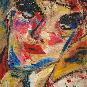 Op de afbeelding: Abstracte schildering van een gezicht met rode, blauwe, gele en witte verf. Het gezicht is gedeeltelijk bedekt door een gele en bruine vorm. De handtekening van de kunstenaar, "Casaudon", staat in de rechterbenedenhoek.