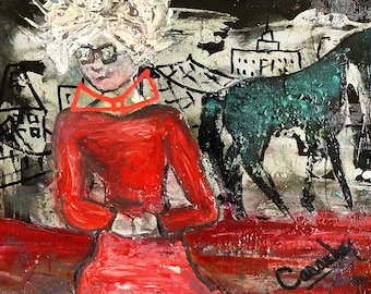 FEESTDAG in de STAD/vrouw/vrouwelijk personage/paard/stad/vrouw in rood/vrouw met bril/vrouw en paard/rood en groen/feestavond/