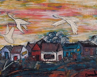 DRIE GANZEN, EEN DORP/witte gans/huizen/vogels/landschap/Sylvie Casaubon/