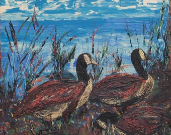 ONZE OUTARDES/origineel schilderij van een kunstenaar uit Gaspésie/ganzen/eenden/dierenkunst/vogels/landschap/lepelaar/kunst/Pointe-à-la-Frégate