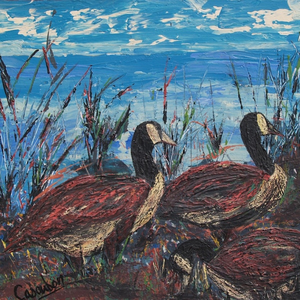 NOS OUTARDES/peinture originale d'une artiste de la Gaspésie/bernaches/canards/art animalier/oiseaux/paysage/spatule/art/Pointe-à-la-Frégate