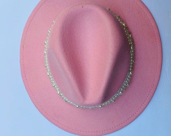 Pink fedora with pearl band, unisex fedora, Sorority gifts,