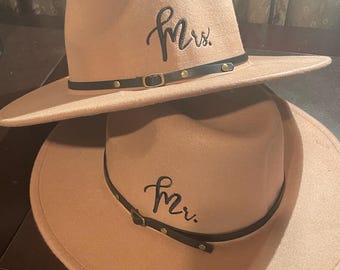 Mrs piece fedora, fedora, custom fedora,unisex hat, mr hat, bride, groom, wedding, mr and mrs