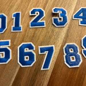 May include: Ten blue felt iron-on numbers, 0 through 9, with white outlines. The numbers are arranged in two rows on a wooden surface.