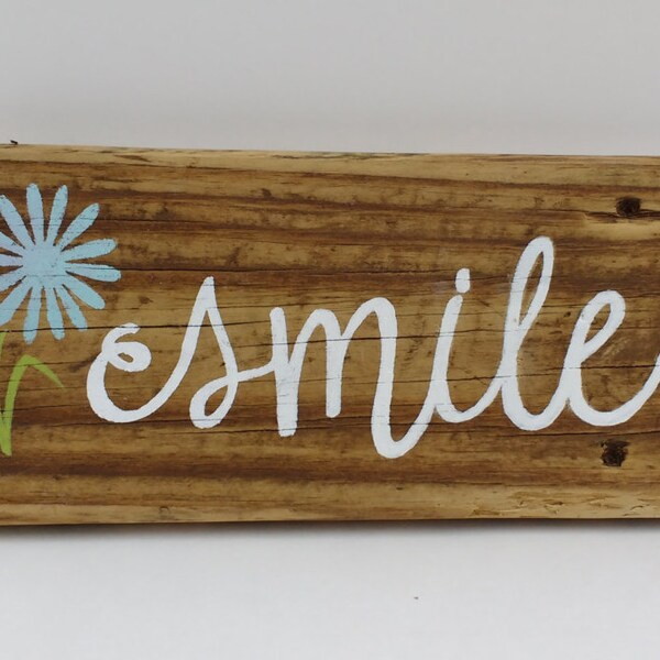 SMILE Sign - Reclaimed Wood Sign, Hand-Painted Wood Sign, Rustic Wall Art, "smile", Flower, Handmade, gift, hostess gift, birthday gift